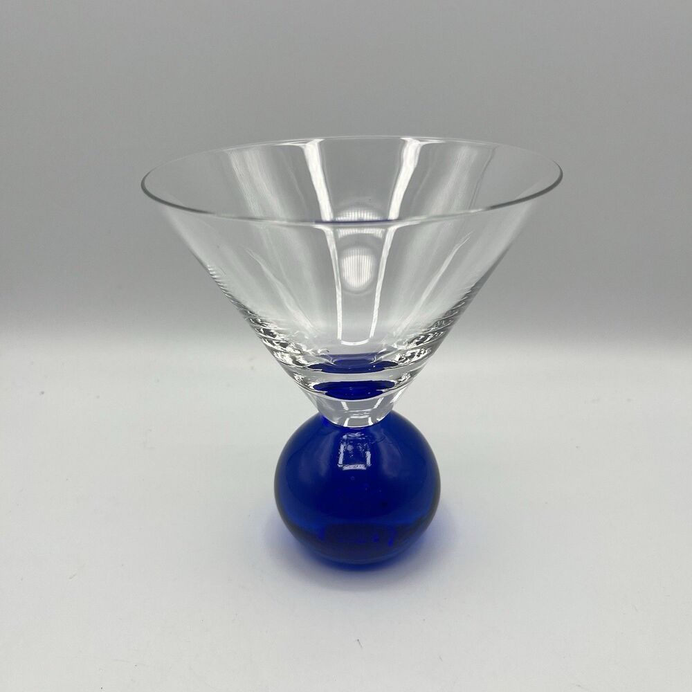 Vintage Hand Blown Martini Glass Blue Round Ball Controlled Bubble Ball Stem